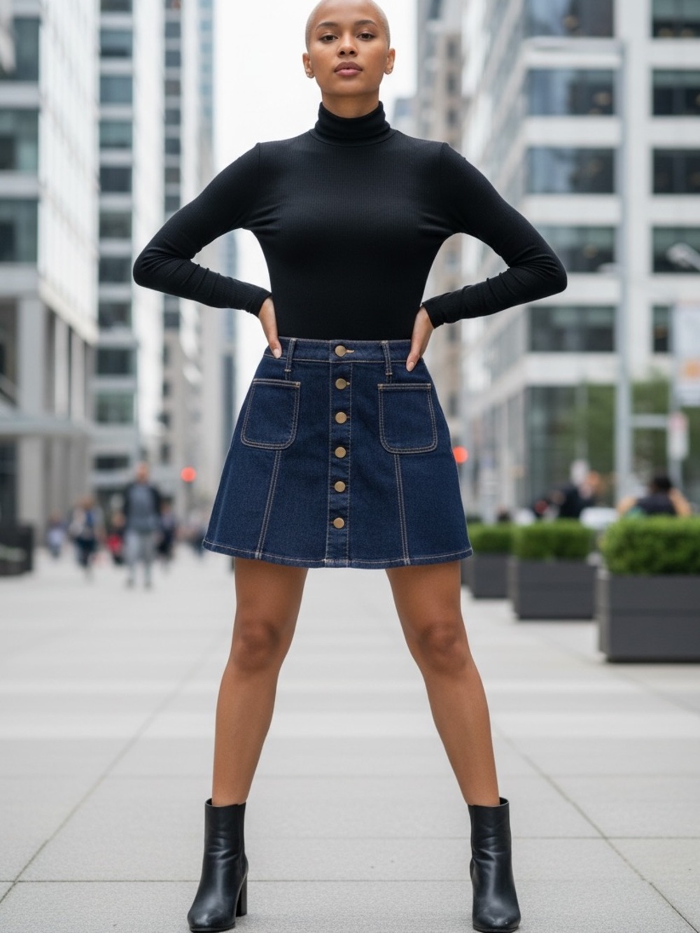 Dark Blue Denim Snap Button-Front Mini Skirt - Size Small